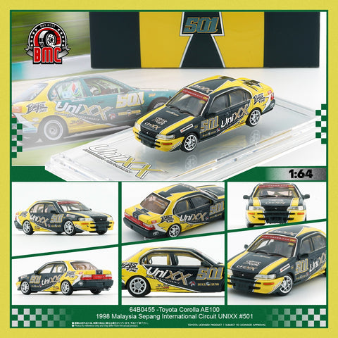 (Pre-Order) 1/64 BM Creations 64B0455 Toyota Corolla AE100 1998 Malaysia Sepang International Circuit UNIXX #501 RHD