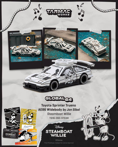 (Pre-Order) 1/64 Tarmac T64G-060-STEAM Toyota Sprinter Trueno AE86 Widebody by Jon Sibal Steamboat Willie