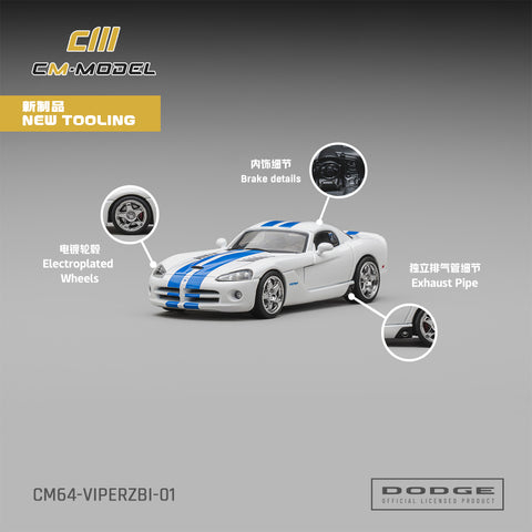 (Pre-Order) 1/64 CM Model CM64-VIPERZBI-01 Dodge Viper ZB I Stone White w/ Blue Racing Stripes