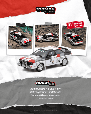 (Pre-Order) 1/64 Tarmac T64-065-83RA02 Audi Quattro A2 Gr.B Rally Rally Argentina 1983 Winner Hannu Mikkola/ Arne Hertz