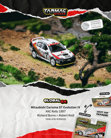 (Pre-Order) 1/64 Tarmac T64G-076-97RAC02 Mitsubishi Carisma GT Evolution IV RAC Rally 1997 Richard Burns/ Robert Reid