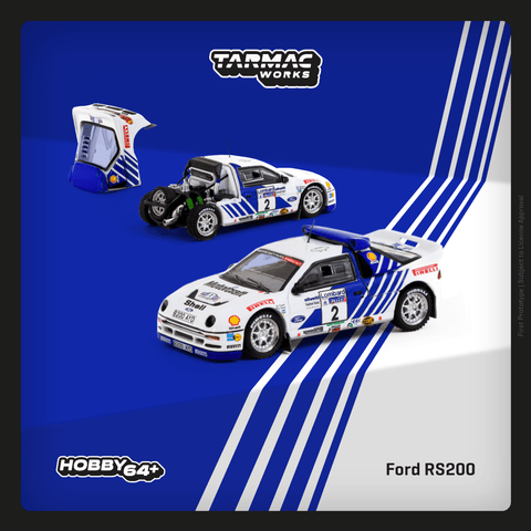 (Pre-Order) 1/64 Tarmac T64P-001-86RAC02 Ford RS200 Lombard RAC Rally 1986 Stig Blomqvist/ Bruno Berglund