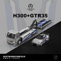 (Pre-Order) 1/64 Time Micro TM647206-T Hino 300 Custom Tow Truck Silver/ Blue RHD w/ LBWK GT-R R35 Silver/ Blue LHD & Figurine