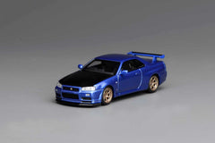 (Pre-Order) 1/64 Motorhelix M63450 Nissan Skyline GT-R (R34) V-Spec II Customized Bayside Blue w/ Carbon Fiber Bonnet