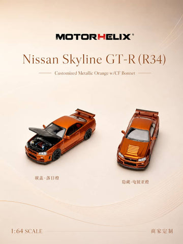 (Pre-Order) 1/64 Motorhelix M63488DZ-YJ Nissan Skyline GT-R R34 Customized Metallic Orange w/ Carbon Bonnet