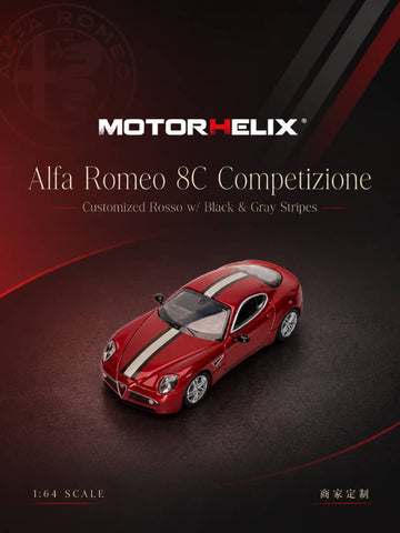 (Pre-Order) 1/64 Motorhelix M69065 Alfa Romeo 8C Competizione Customized Rosso w/ Black & Gray Stripes