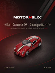 (Pre-Order) 1/64 Motorhelix M69065 Alfa Romeo 8C Competizione Customized Rosso w/ Black & Gray Stripes