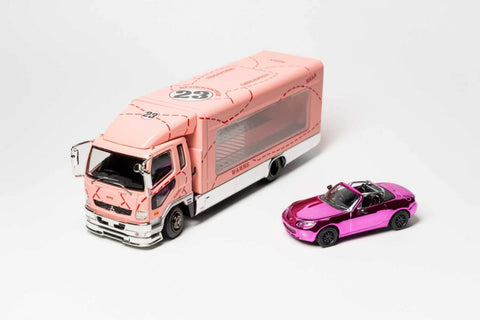 (Pre-Order) 1/64 GCD 563 Mitsubishi Fuso Fighter Pink Pig #23 w/ Mazda MX-5 Racecar (NC) Chrome Pink