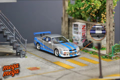 (Pre-Order) 1/64 Mega Mega MMNSR34SBL Nissan Skyline GT-R R34 FNF Silver/ Blue
