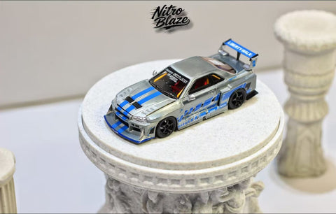 (Pre-Order) 1/64 Nitro Blaze NBNSR34SBLR Nissan Skyline ER34 Silver/ Blue Raw