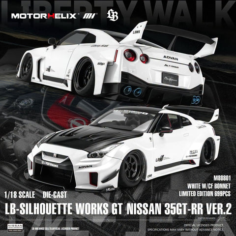 (Pre-Order) 1/18 Motorhelix M80801 LB Silhouette Works GT Nissan 35GT-RR Ver.2 White w/ CF Bonnet