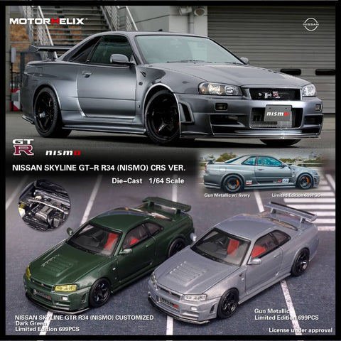 (Pre-Order) 1/64 Motorhelix M63422B Nissan Skyline GT-R R34 Nismo CRS Version Gun Metallic w/ Livery