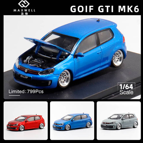 (Pre-Order) 1/64 Maxwell MVWG6BLBBS Volkswagen Golf GTI Mk6 Blue LHD w/ BBS Wheels